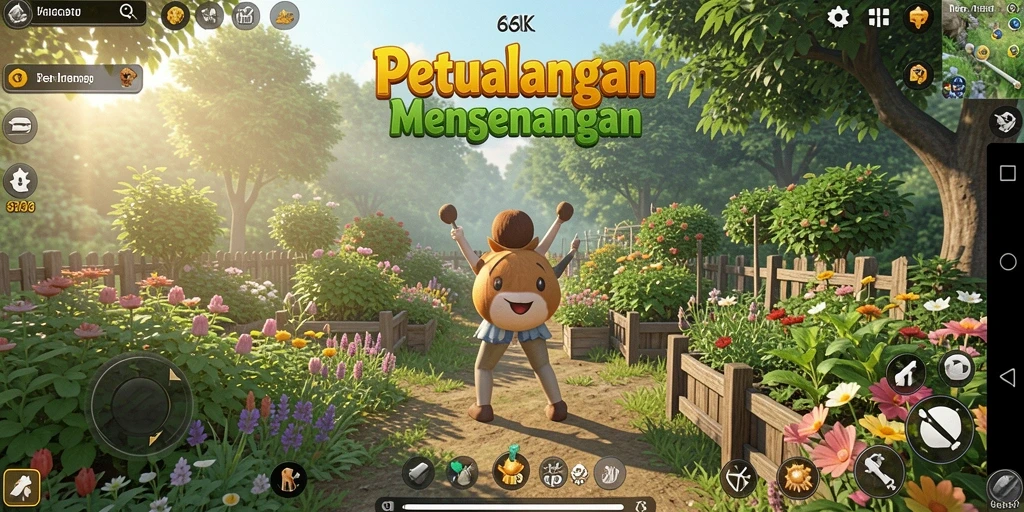 Tangkapan layar gameplay 66K yang menunjukkan suasana berkebun yang ceria.