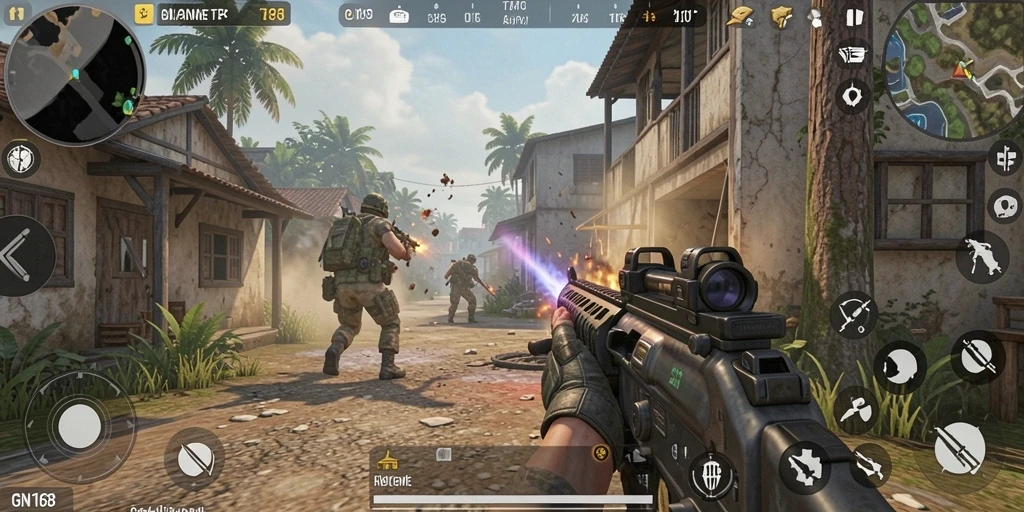 Screenshot gameplay menarik dari GN168 yang menunjukkan aksi TPS.