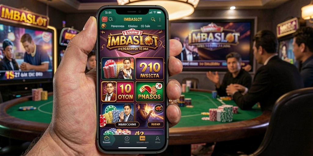 Screenshot gameplay IMBASLOT menampilkan dealer dan pemain dalam suasana kasino langsung.