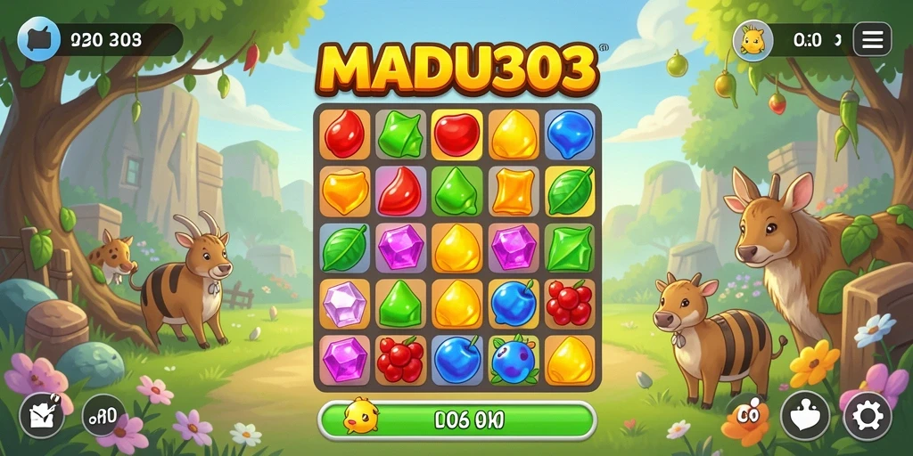 Gameplay seru MADU303 dengan kombinasi permen berwarna.