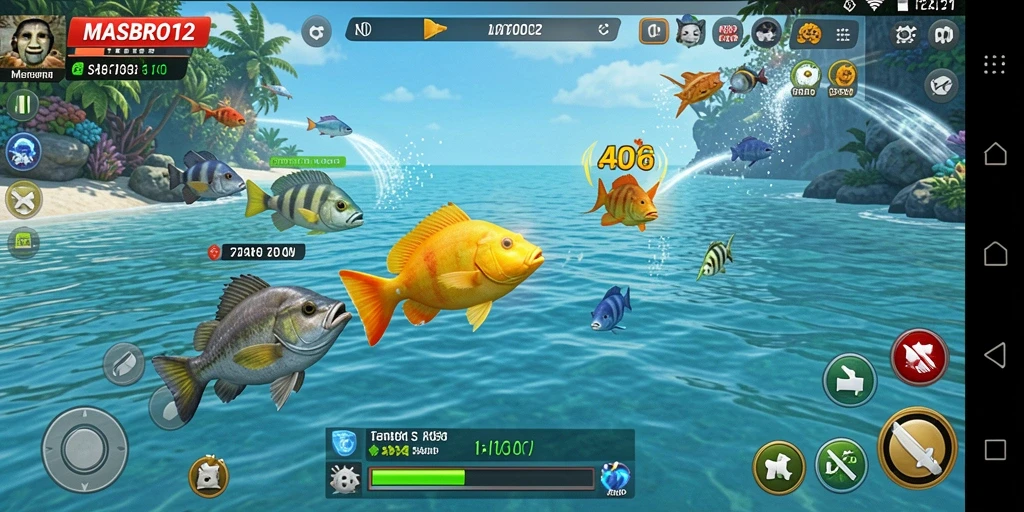 Gameplay <strong>MASBRO12</strong> menampilkan aksi tembak ikan yang seru dan mendebarkan.