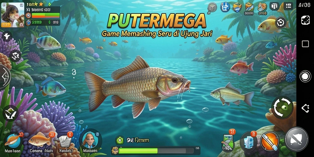 Gameplay PUTERMEGA saat memancing di lokasi indah.