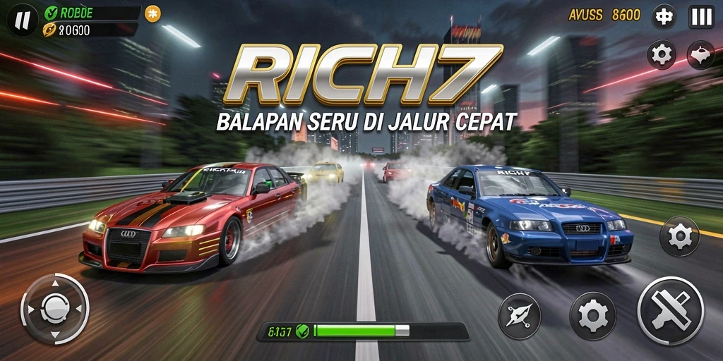 Tampilan gameplay RICH7 yang mendebarkan di lintasan balapan.