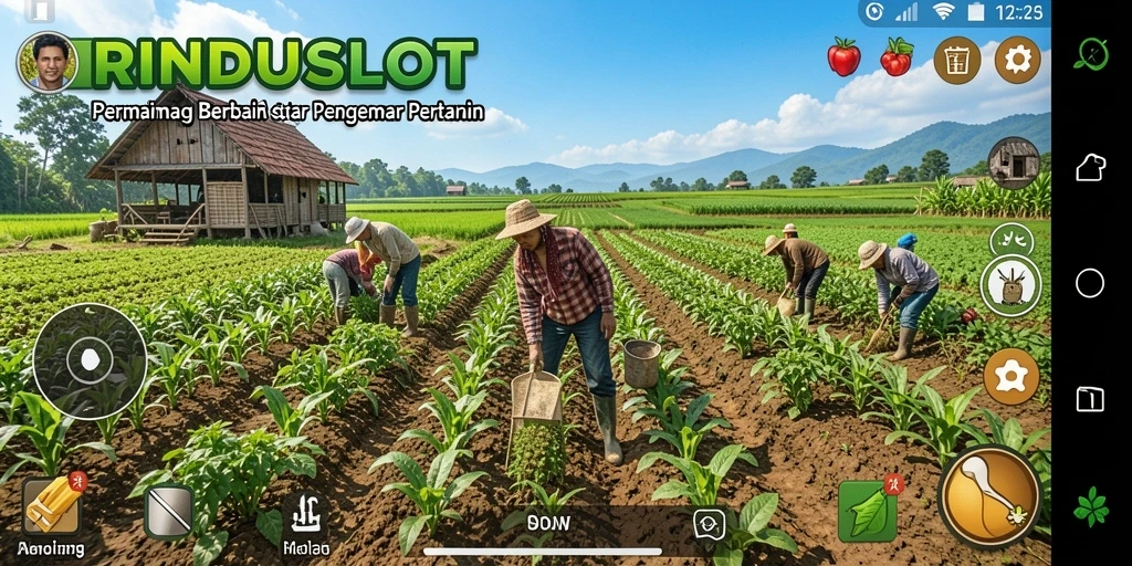 Screenshot gameplay RINDUSLOT menampilkan kebun yang subur dan hewan ternak.