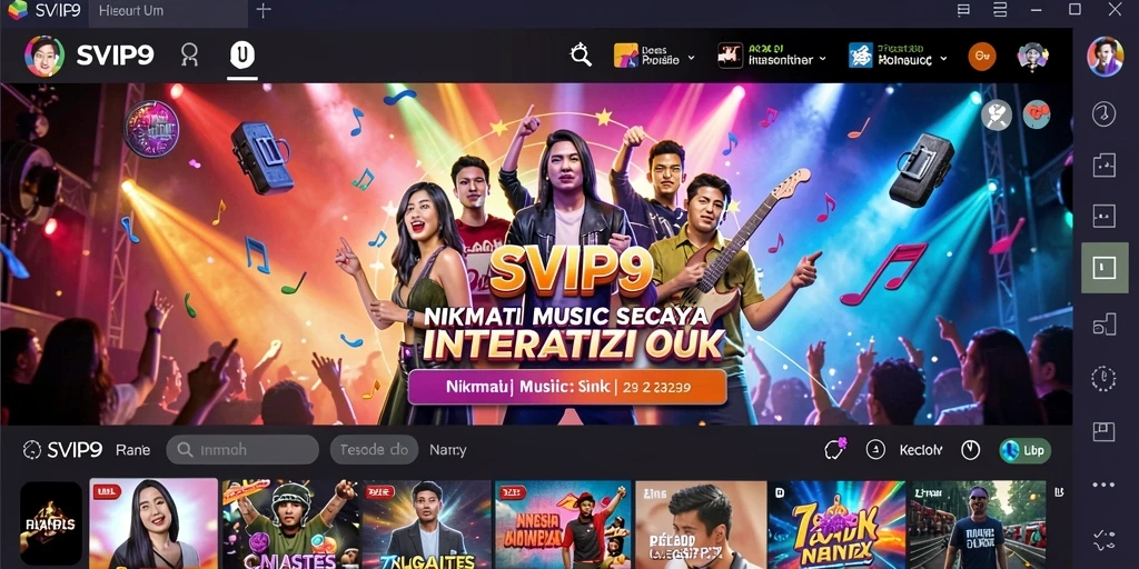 Screenshot menunjukkan gameplay interaktif SVIP9 dengan musik yang mengalun.